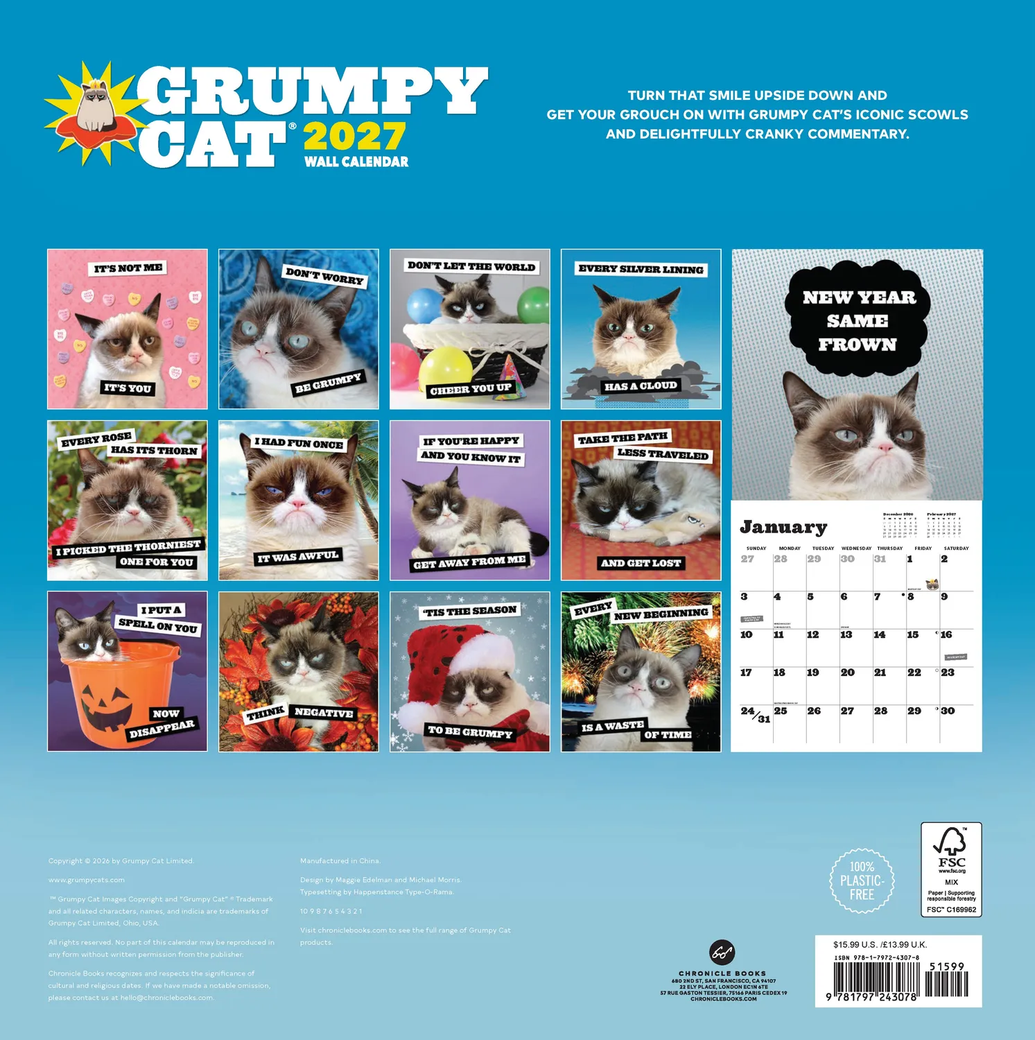 Grumpy Cat 2027 veggkalender 12x12 gave