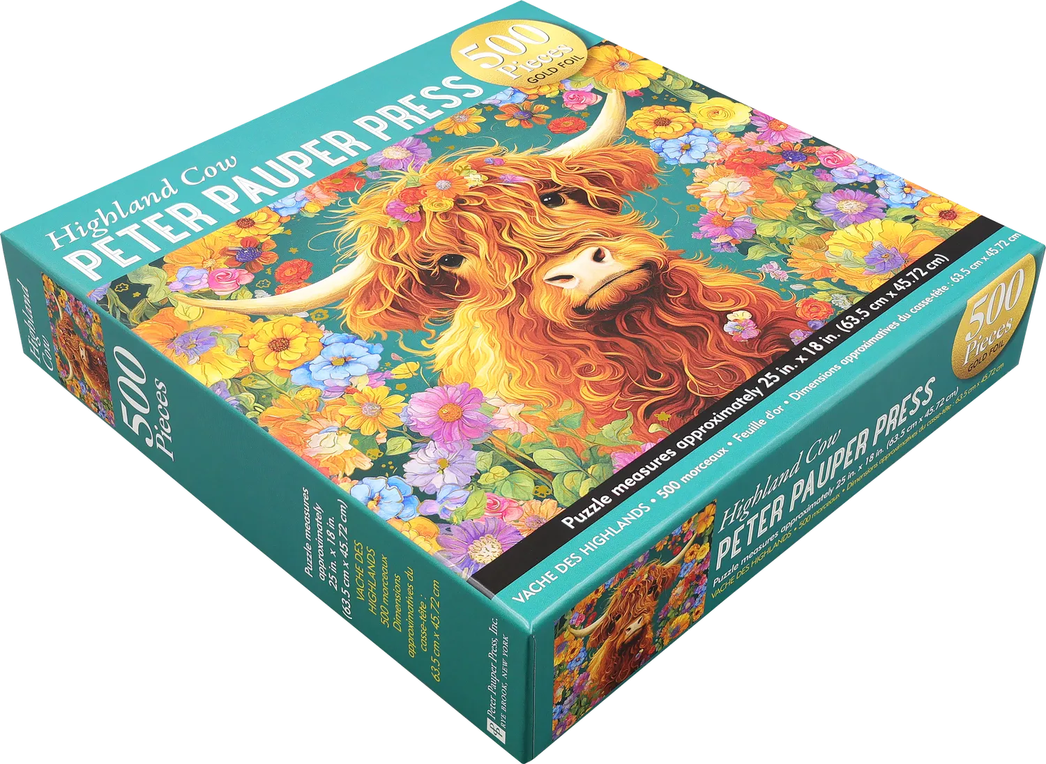 Peter Pauper Press Highland Cow puslespill 500 brikker gullfolie