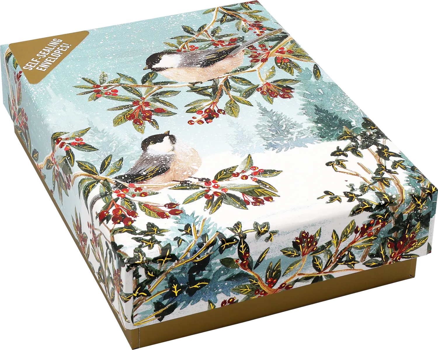 Peter Pauper Press Chickadees julekort eske 20 stk gullfolie