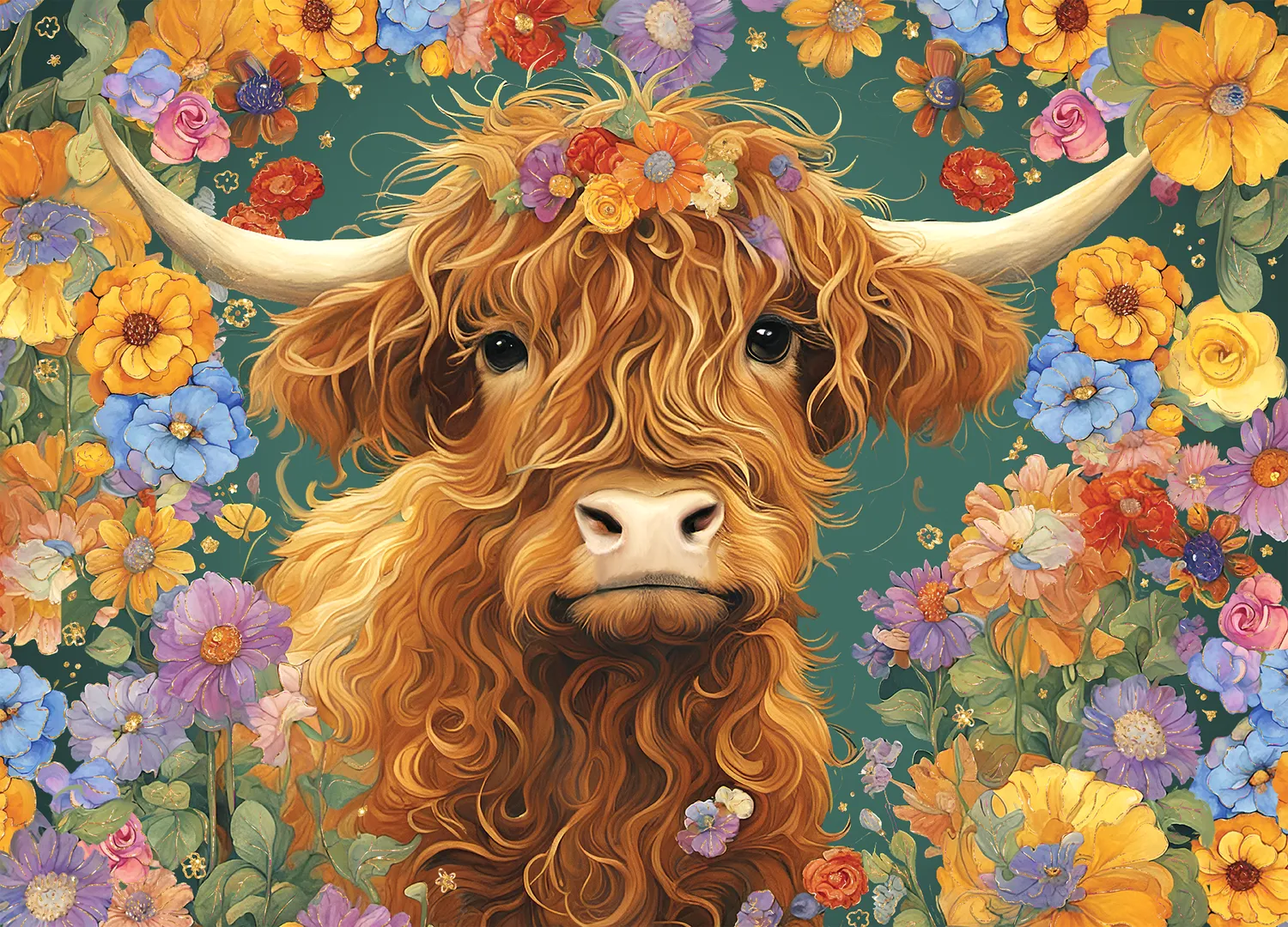 Peter Pauper Press Highland Cow puslespill 500 brikker gullfolie