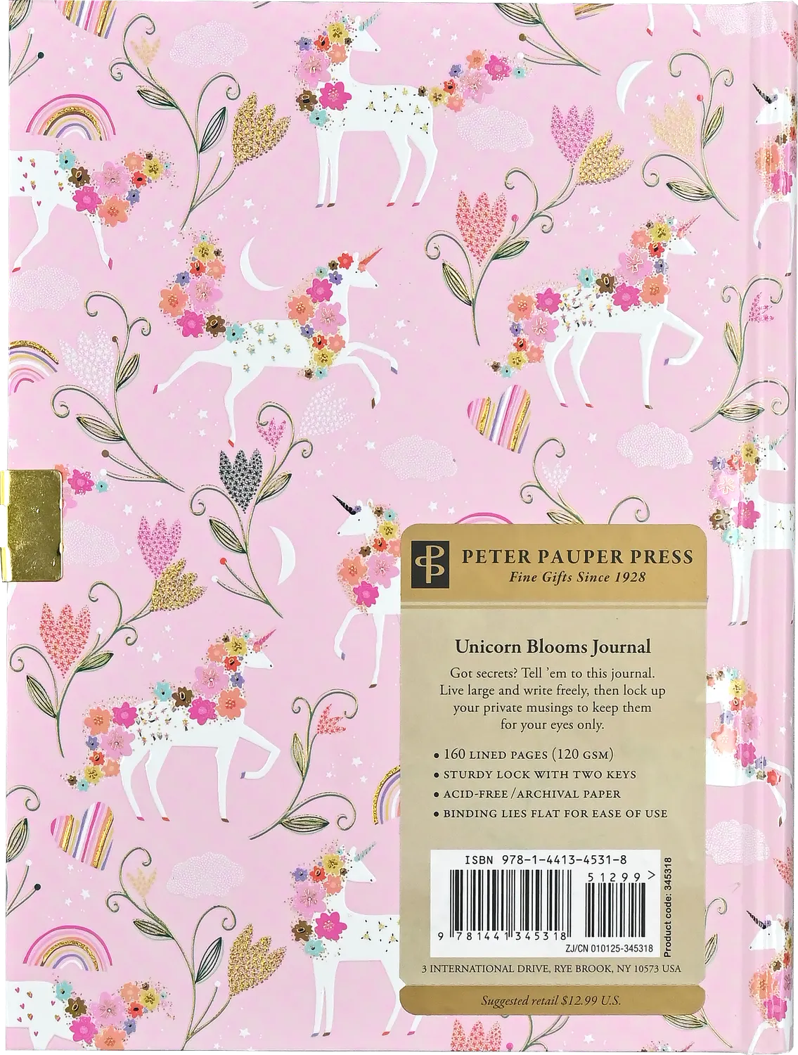 Peter Pauper Press Unicorn Blooms dagbok med lås 192 sider