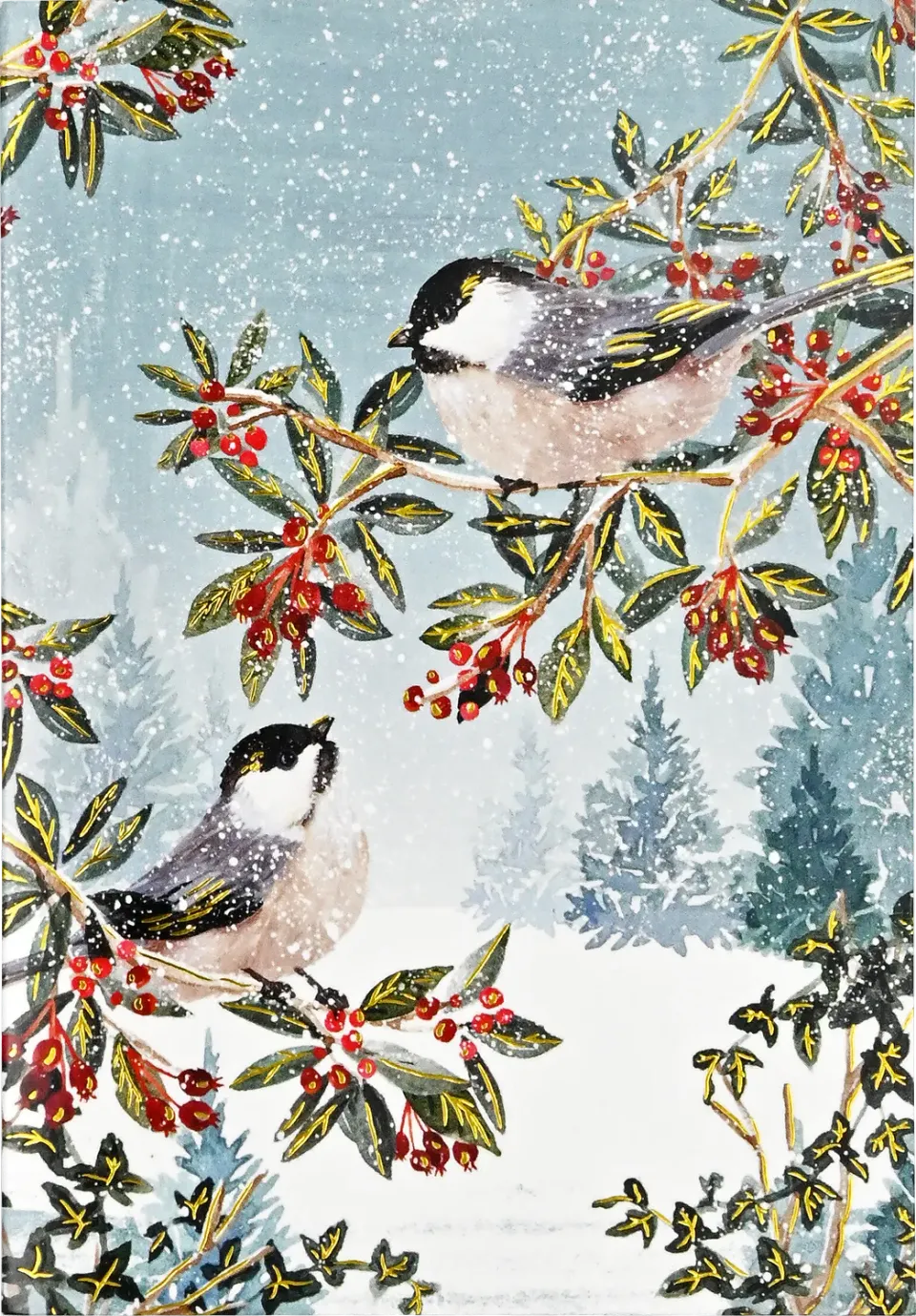 Peter Pauper Press Chickadees julekort eske 20 stk gullfolie