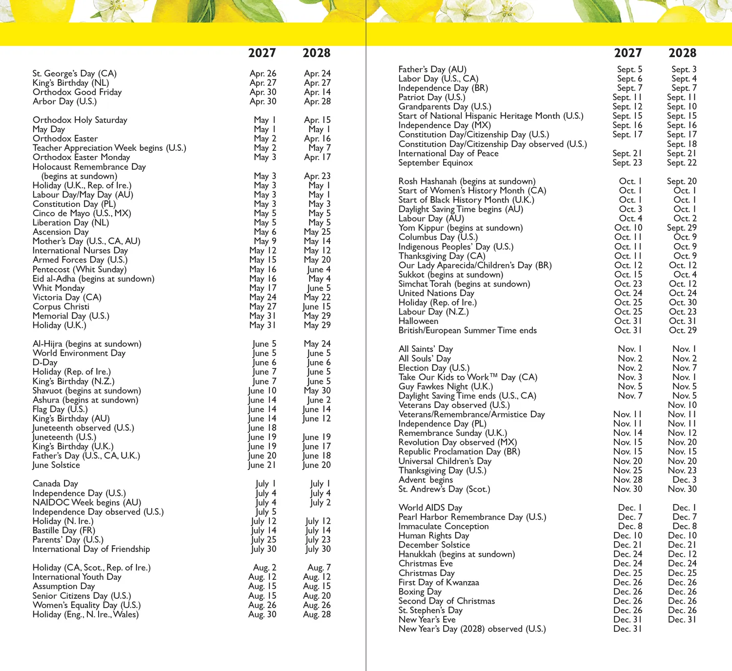 Peter Pauper Press Amalfi Lemons 2027-28 lommeplanner 2 år