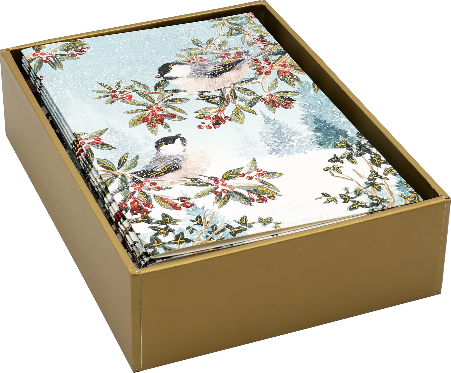 Peter Pauper Press Chickadees julekort eske 20 stk gullfolie